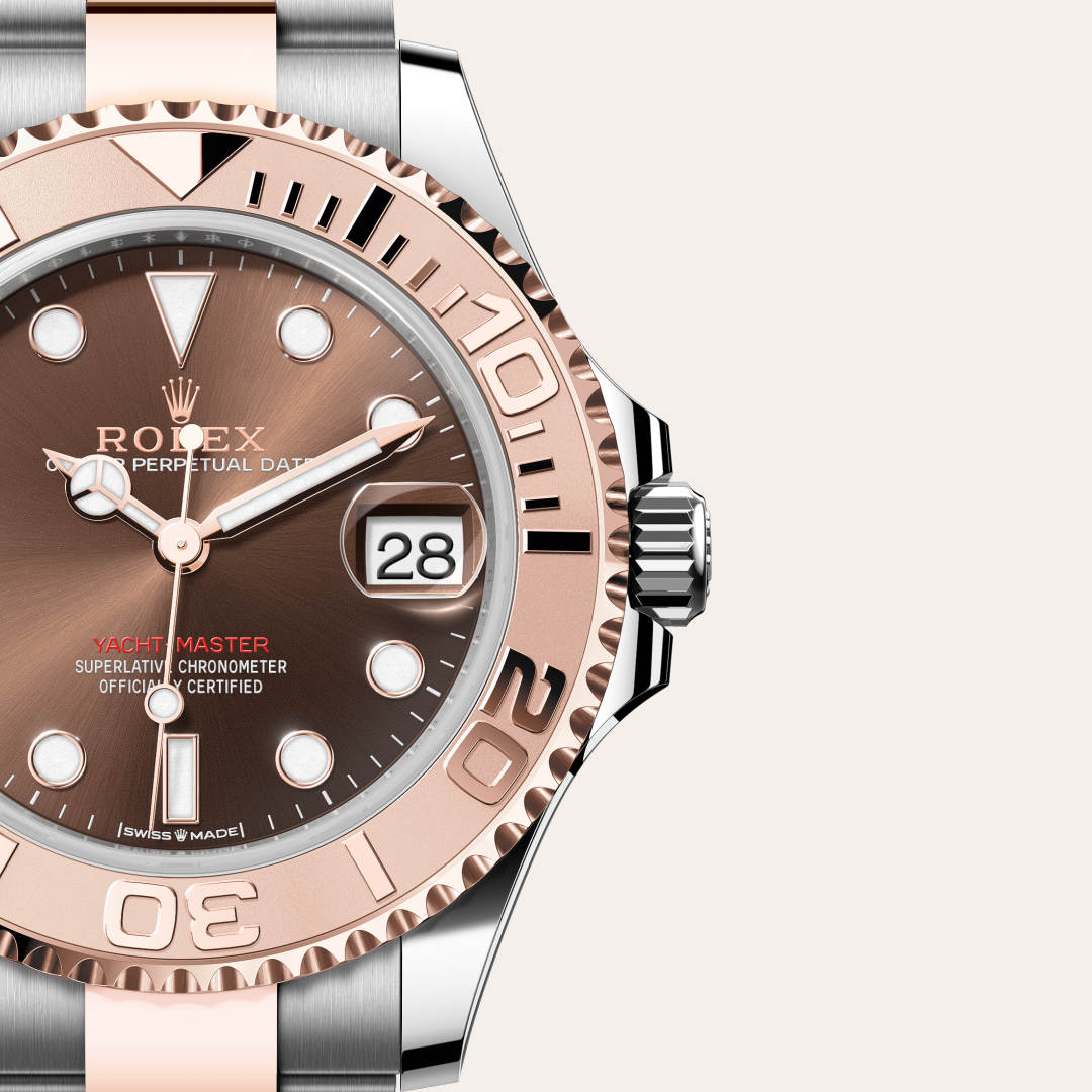 Rolex Yacht-Master 37 in Everose Rolesor with a chocolate dial, everose gold bidirectional rotatable 60-minute graduated with raised numerals bezel, and Oyster bracelet.