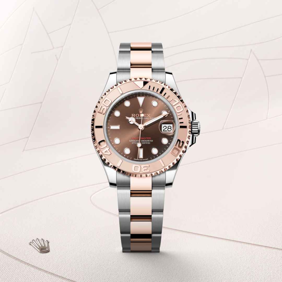 Rolex Yacht-Master 37 in Everose Rolesor with a chocolate dial, everose gold bidirectional rotatable 60-minute graduated with raised numerals bezel, and Oyster bracelet.