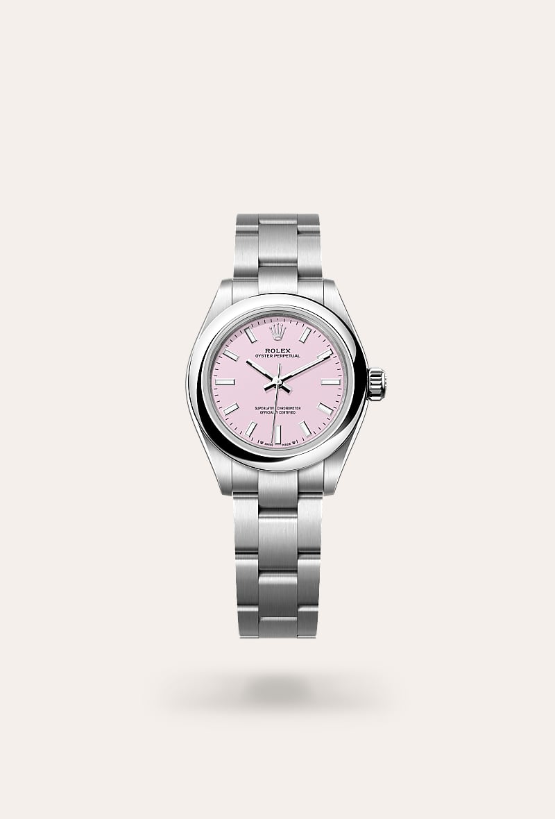 Rolex Oyster Perpetual 28 in Oystersteel with a candy pink dial, domed bezel, and Oyster bracelet.