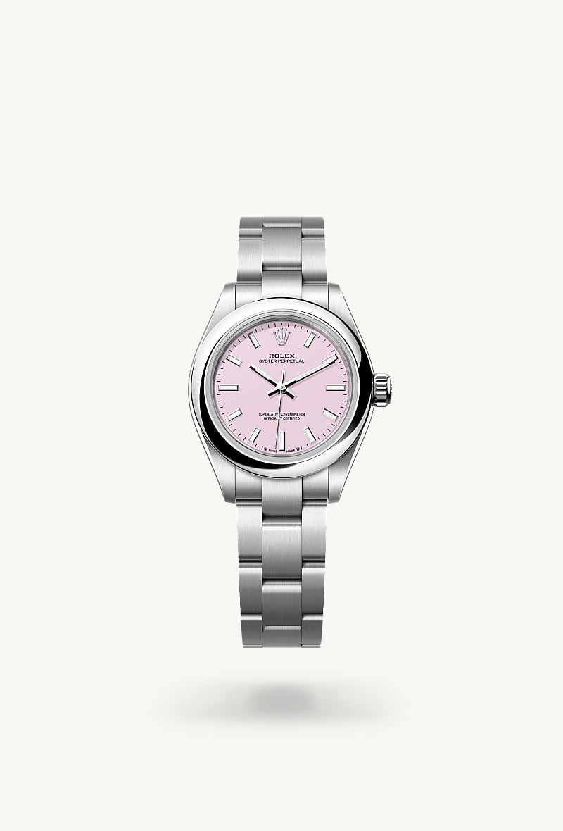 Rolex Oyster Perpetual 28 in Oystersteel with a candy pink dial, domed bezel, and Oyster bracelet.