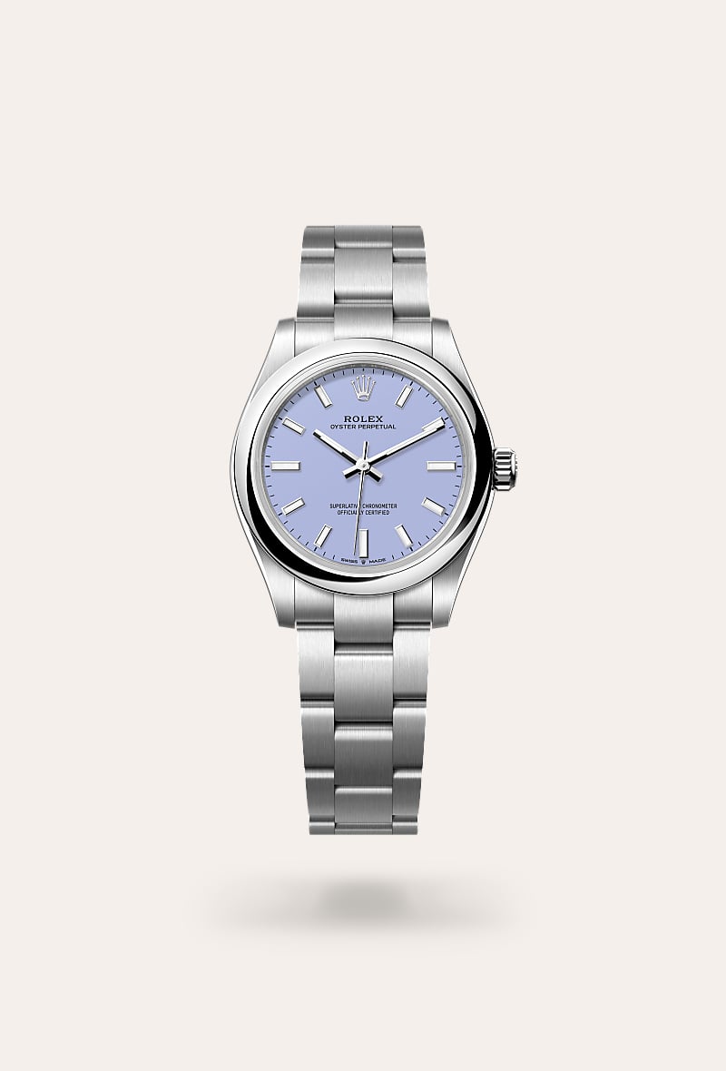 Rolex Oyster Perpetual 31 in Oystersteel with a lavender dial, domed bezel, and Oyster bracelet.