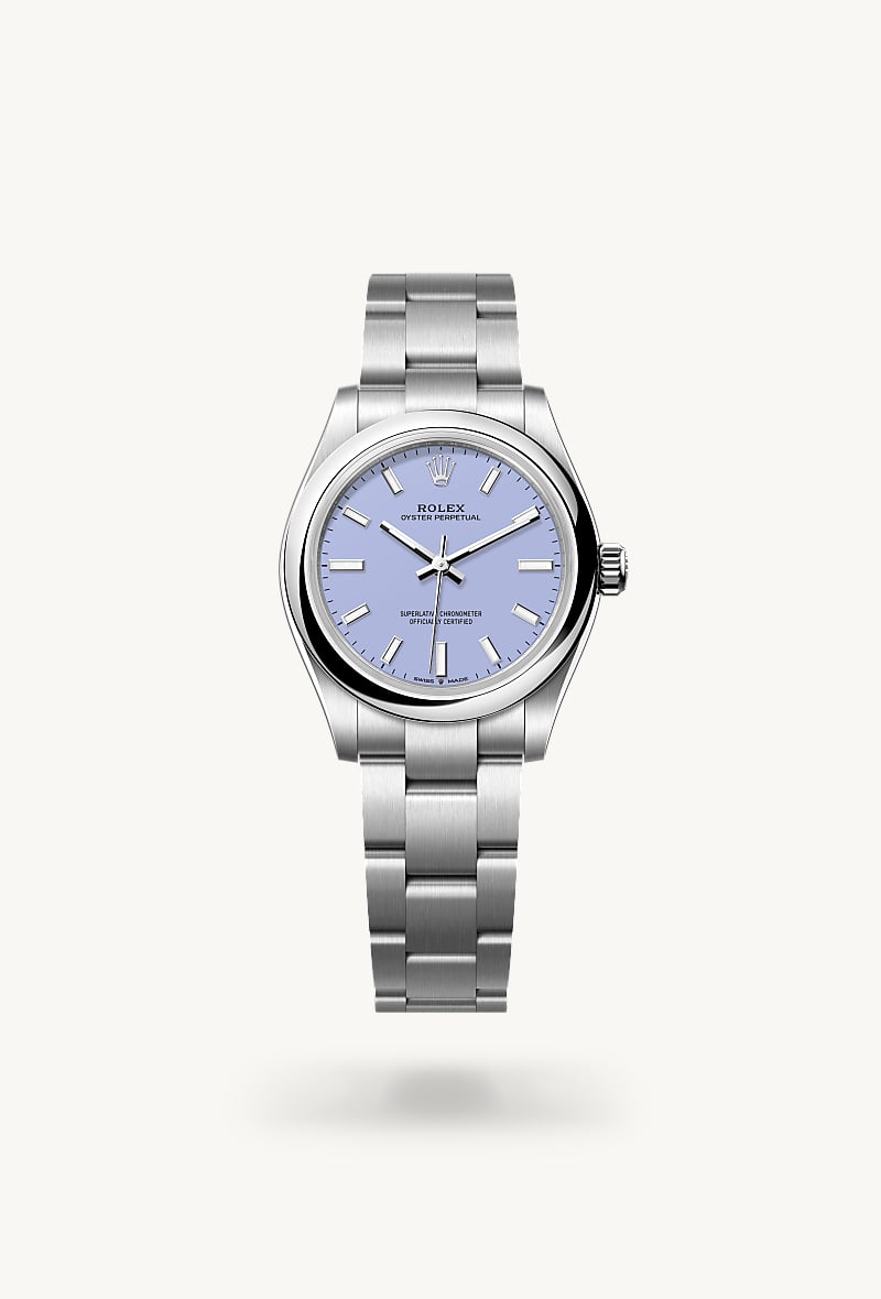 Rolex Oyster Perpetual 31 in Oystersteel with a lavender dial, domed bezel, and Oyster bracelet.