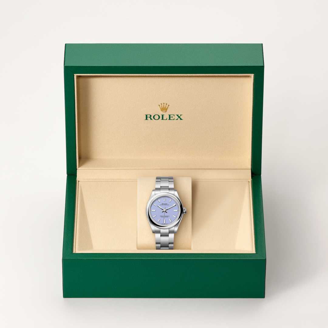 Rolex Oyster Perpetual 31 in Oystersteel with a lavender dial, domed bezel, and Oyster bracelet.