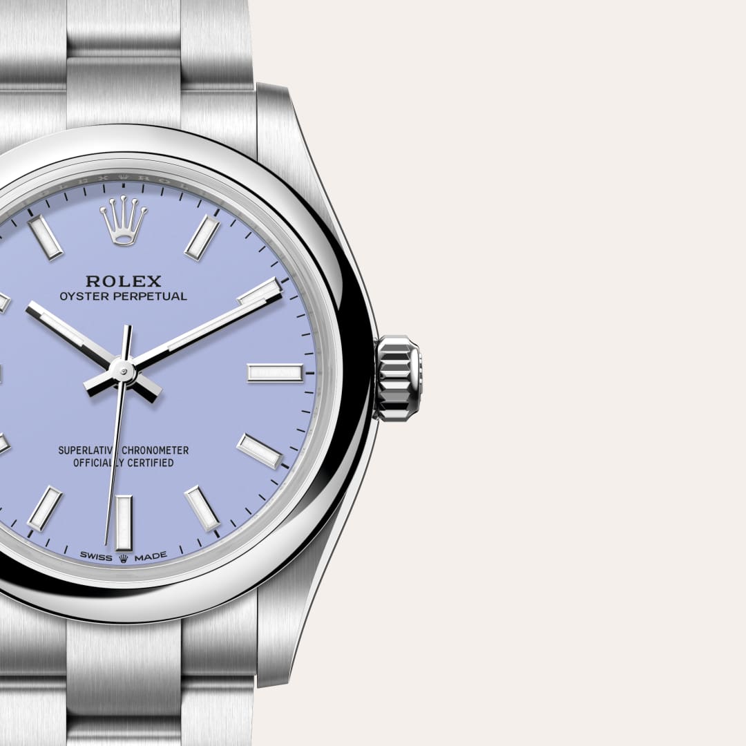 Rolex Oyster Perpetual 31 in Oystersteel with a lavender dial, domed bezel, and Oyster bracelet.
