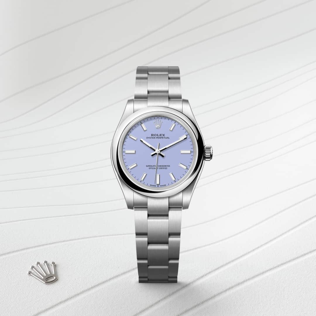 Rolex Oyster Perpetual 31 in Oystersteel with a lavender dial, domed bezel, and Oyster bracelet.