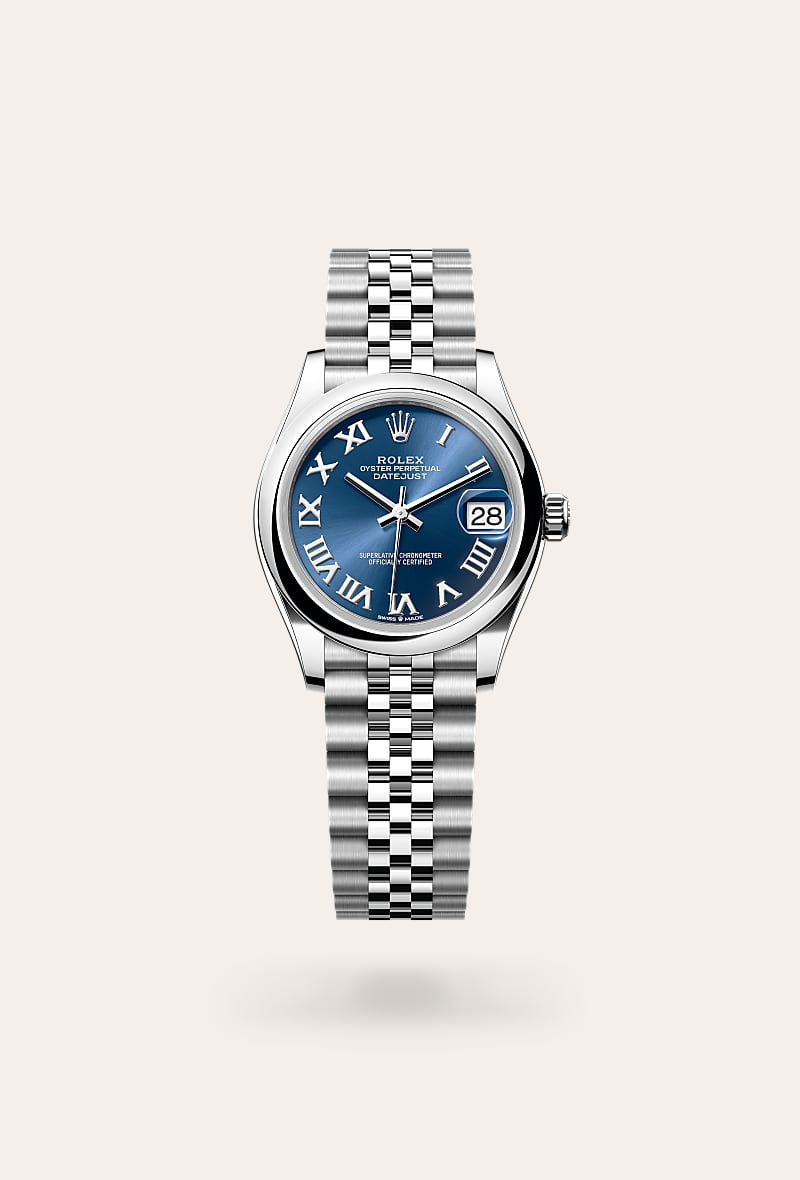 Rolex Datejust 31 in Oystersteel with a bright blue dial, domed bezel, and Jubilee bracelet.
