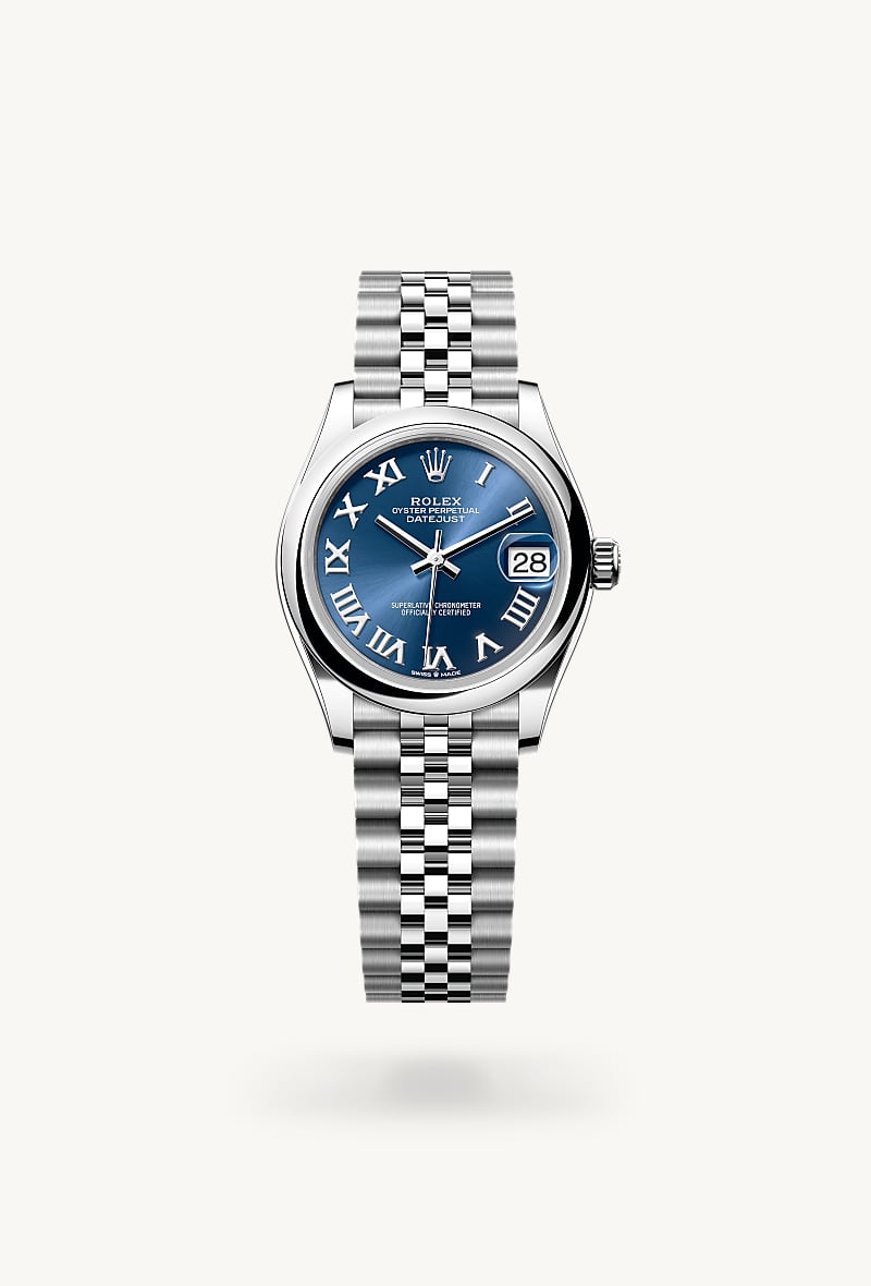 Rolex Datejust 31 in Oystersteel with a bright blue dial, domed bezel, and Jubilee bracelet.