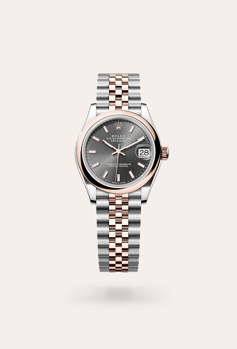 Rolex Datejust 31 in Everose Rolesor with a slate dial, domed bezel, and Jubilee bracelet.
