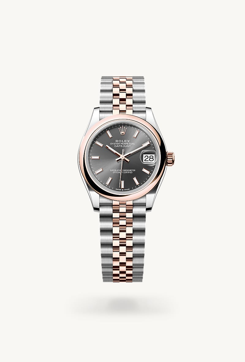Rolex Datejust 31 in Everose Rolesor with a slate dial, domed bezel, and Jubilee bracelet.