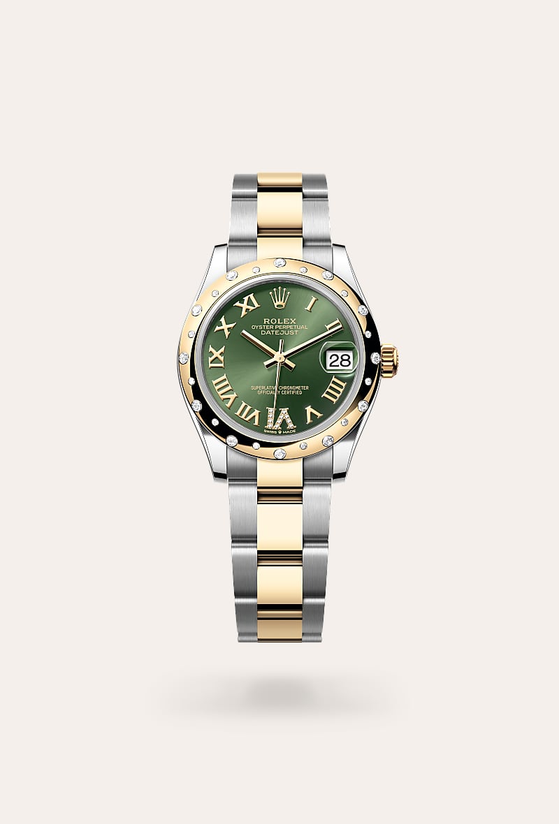 Rolex Datejust 31 in Yellow Rolesor with a olive green set with diamonds dial, domed, set with diamonds bezel, and Oyster bracelet.