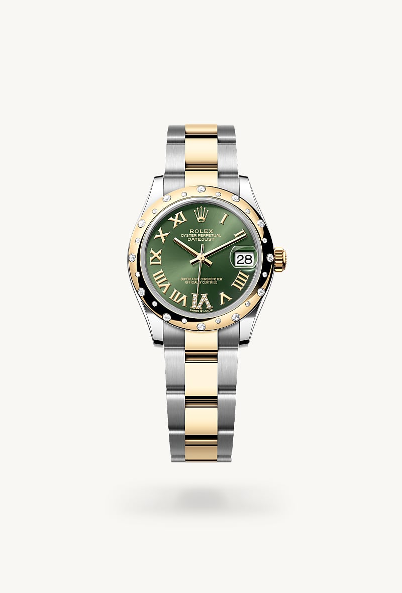 Rolex Datejust 31 in Yellow Rolesor with a olive green set with diamonds dial, domed, set with diamonds bezel, and Oyster bracelet.