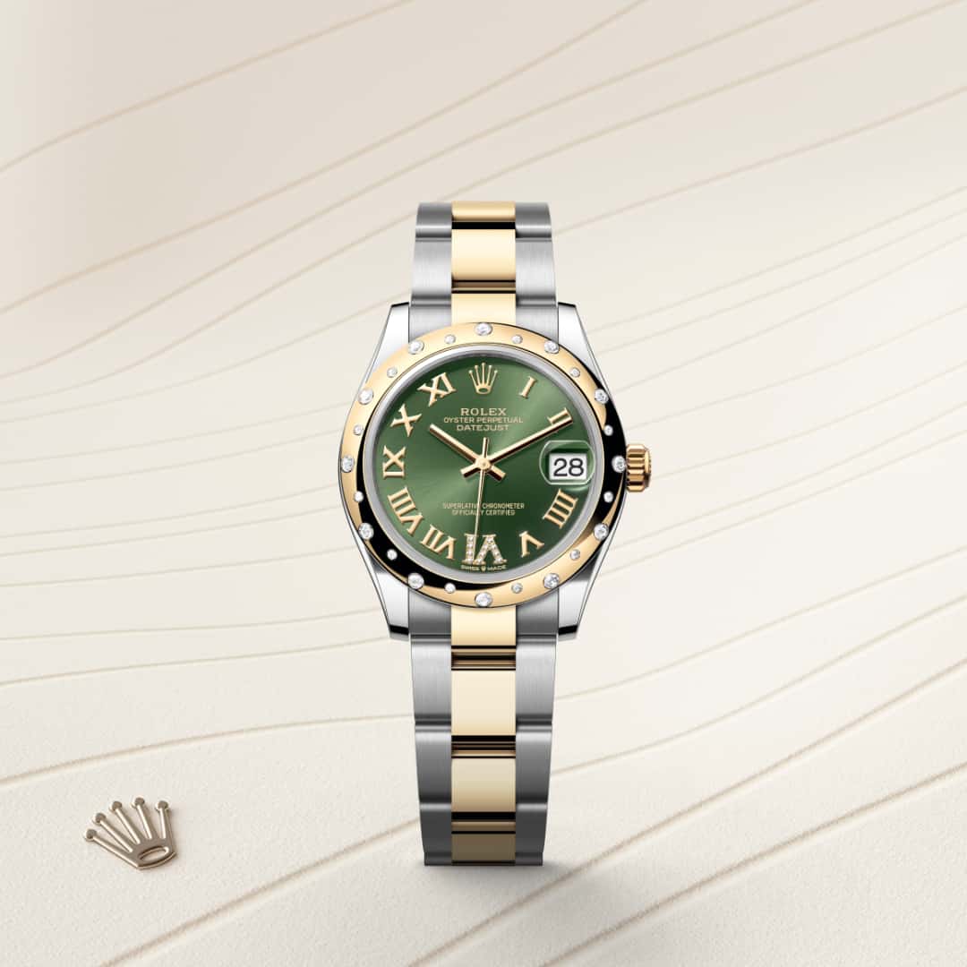 Rolex Datejust 31 in Yellow Rolesor with a olive green set with diamonds dial, domed, set with diamonds bezel, and Oyster bracelet.