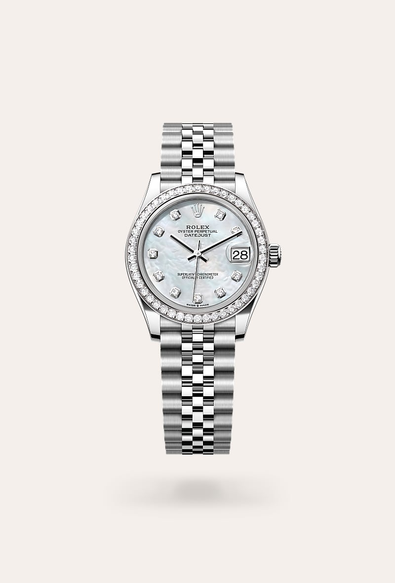Rolex Datejust 31 in White Rolesor with a white mother-of-pearl set with diamonds dial, set with diamonds bezel, and Jubilee bracelet.