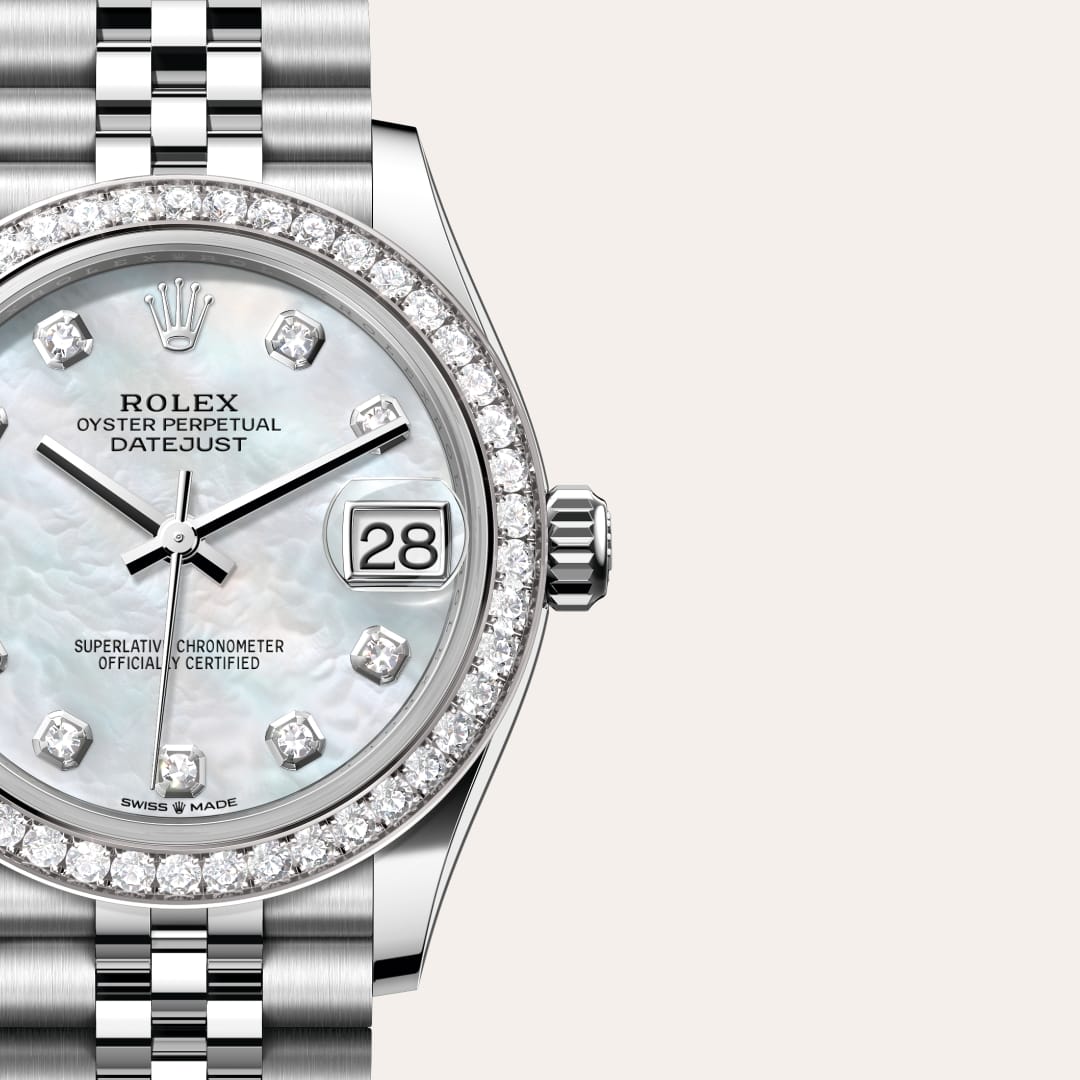 Rolex Datejust 31 in White Rolesor with a white mother-of-pearl set with diamonds dial, set with diamonds bezel, and Jubilee bracelet.