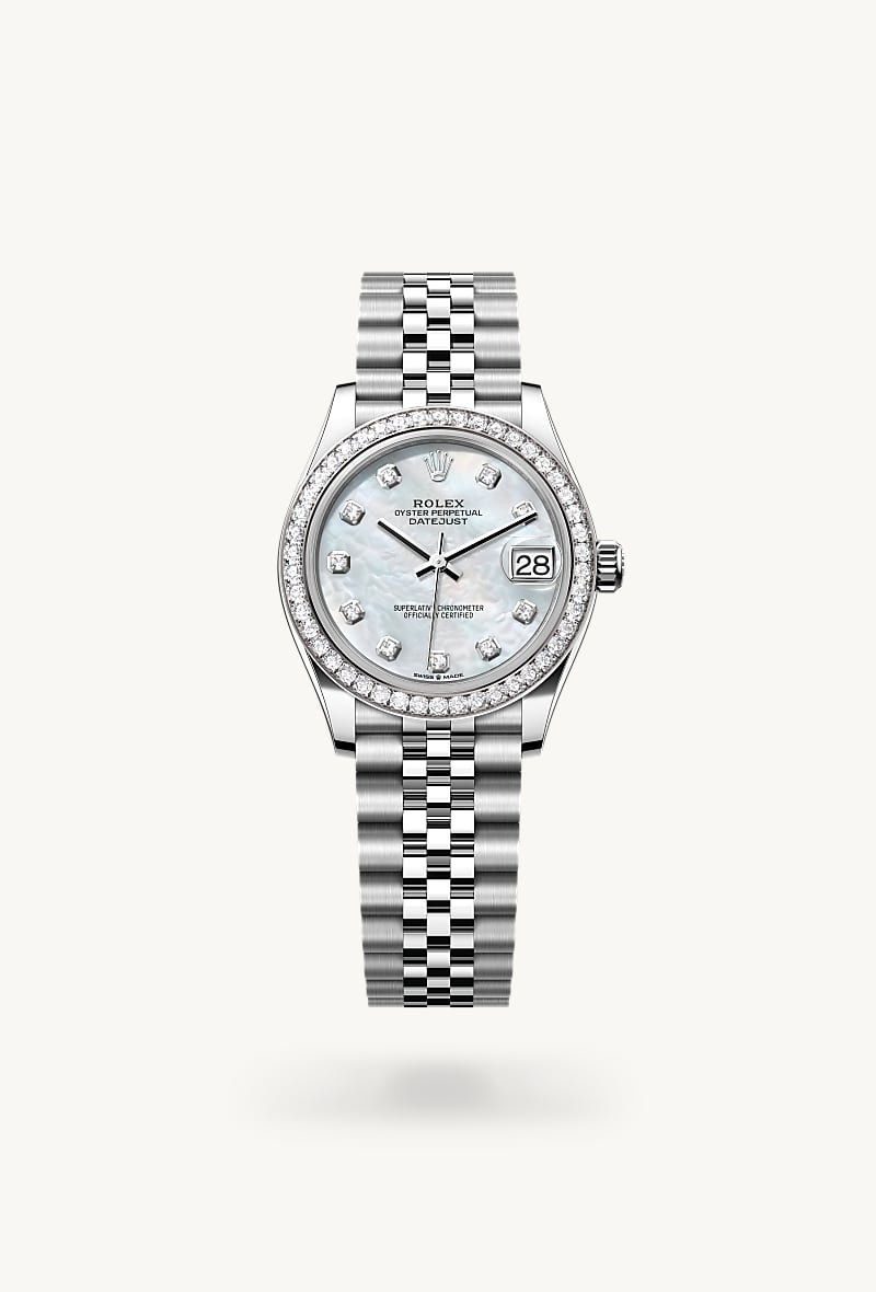 Rolex Datejust 31 in White Rolesor with a white mother-of-pearl set with diamonds dial, set with diamonds bezel, and Jubilee bracelet.