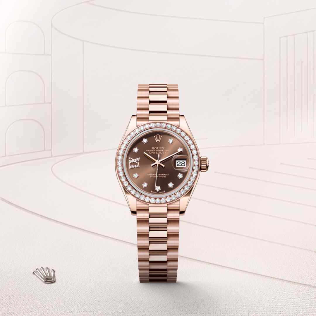 Rolex Lady-Datejust in 18 kt Everose gold with a chocolate set with diamonds dial, set with diamonds bezel, and President bracelet.