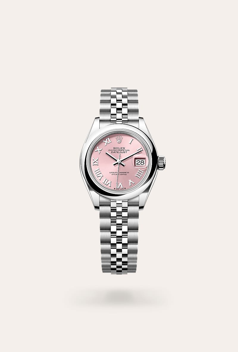 Rolex Lady-Datejust in Oystersteel with a pink dial, domed bezel, and Jubilee bracelet.