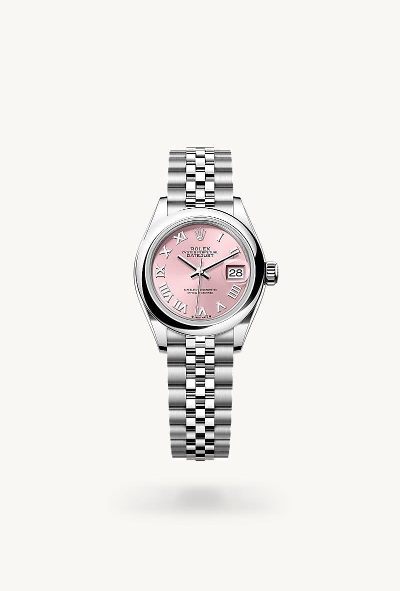 Rolex Lady-Datejust in Oystersteel with a pink dial, domed bezel, and Jubilee bracelet.