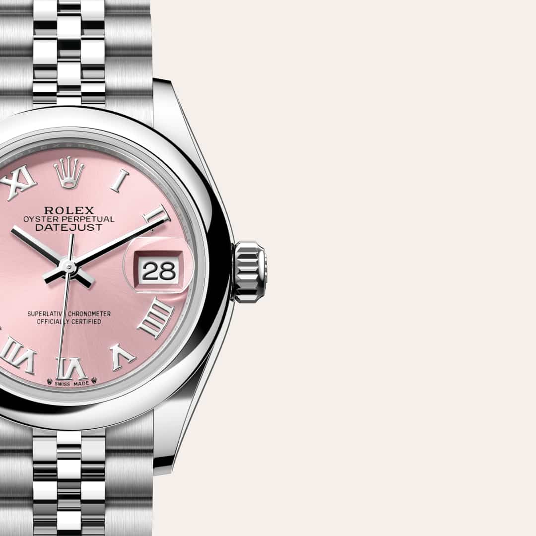 Rolex Lady-Datejust in Oystersteel with a pink dial, domed bezel, and Jubilee bracelet.
