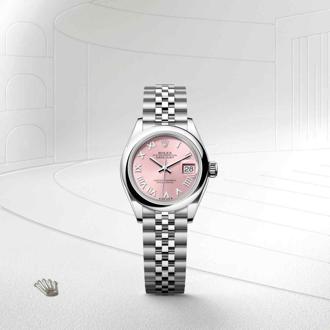 Rolex Lady-Datejust in Oystersteel with a pink dial, domed bezel, and Jubilee bracelet.
