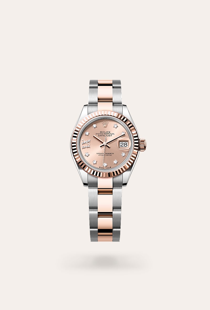 Rolex Lady-Datejust in Everose Rolesor with a ros&eacute;-colour set with diamonds dial, fluted bezel, and Oyster bracelet.