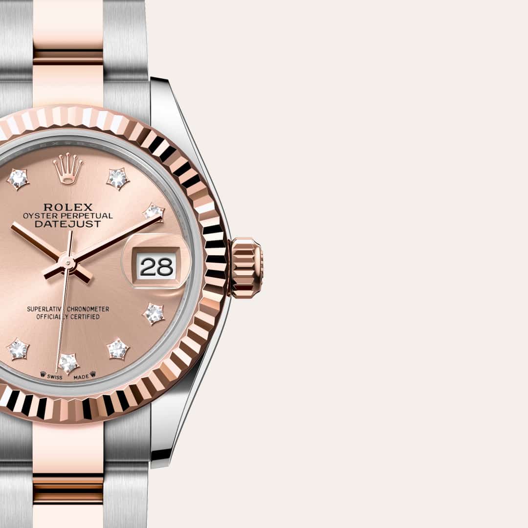 Rolex Lady-Datejust in Everose Rolesor with a rosé-colour set with diamonds dial, fluted bezel, and Oyster bracelet.