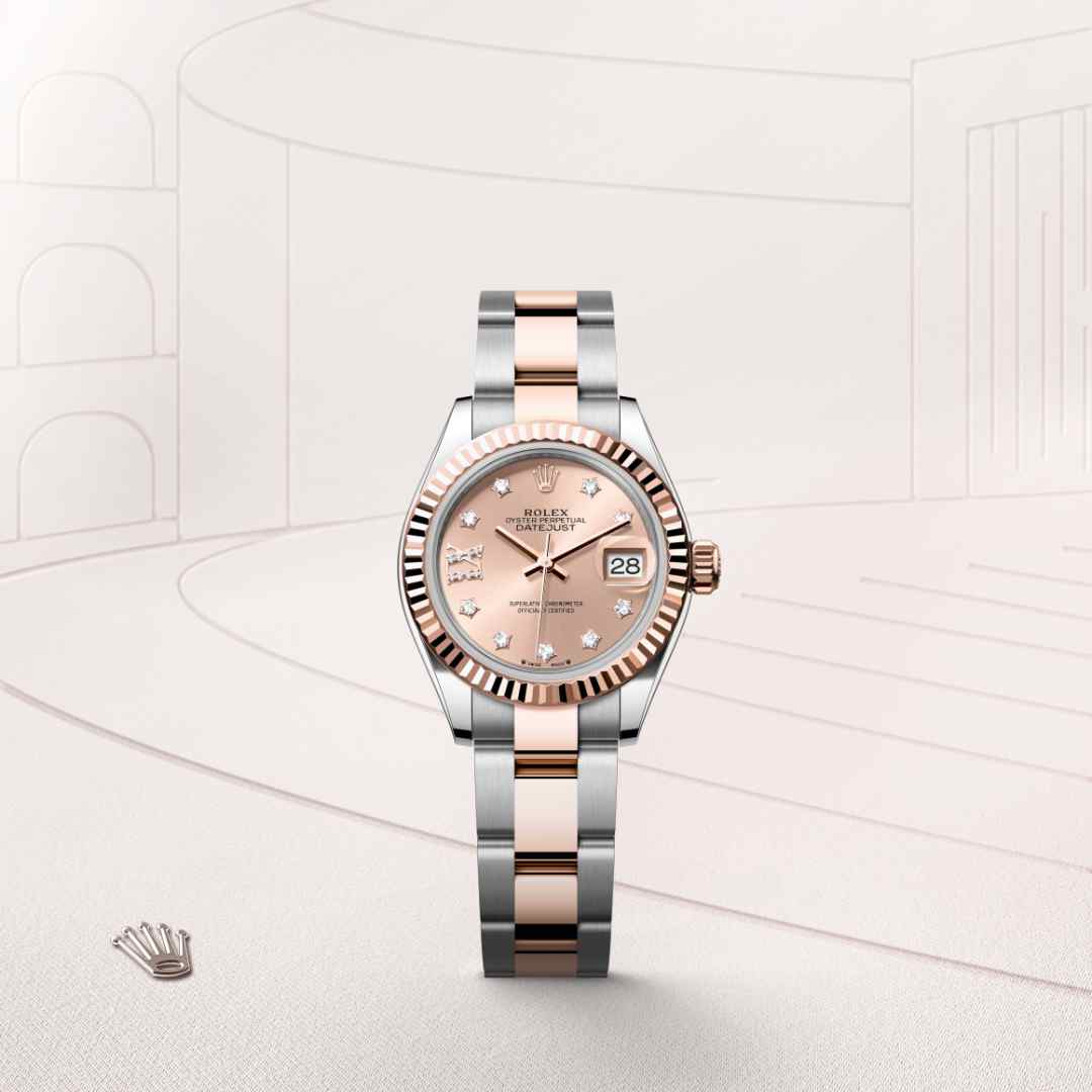 Rolex Lady-Datejust in Everose Rolesor with a rosé-colour set with diamonds dial, fluted bezel, and Oyster bracelet.