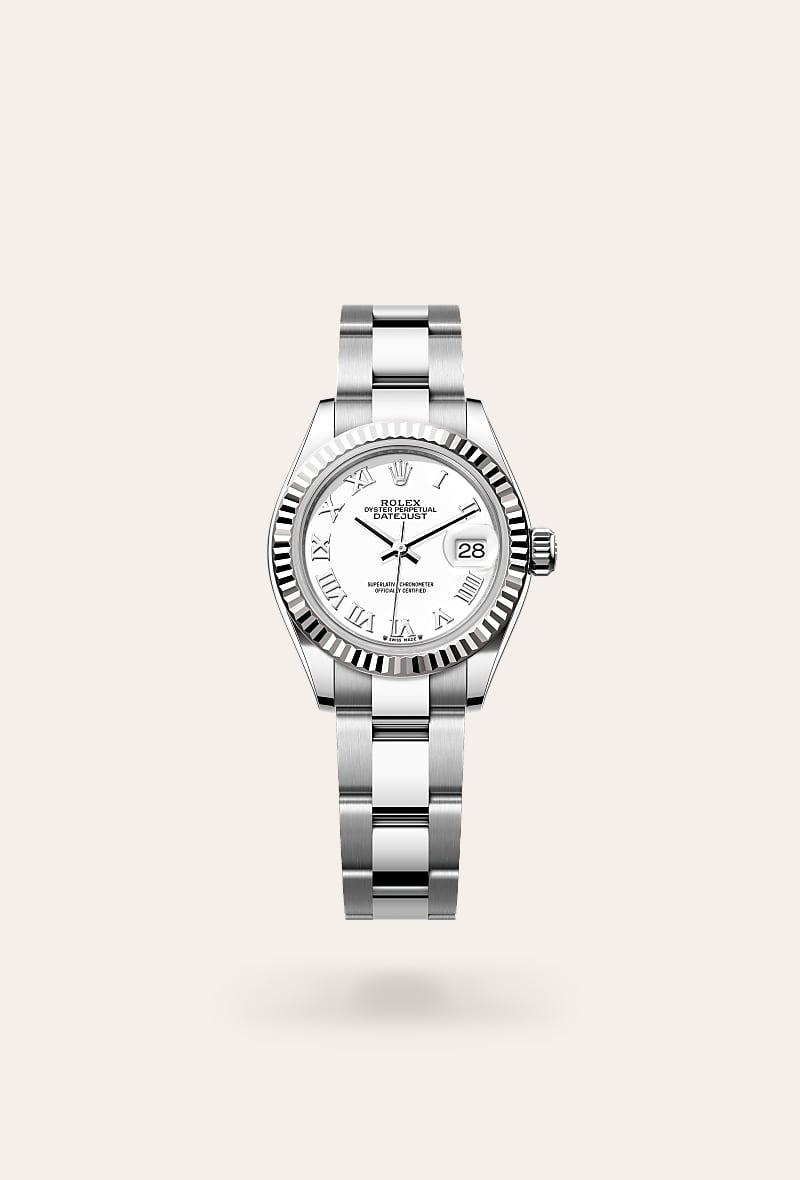 Rolex Lady-Datejust in White Rolesor with a white dial, fluted bezel, and Oyster bracelet.