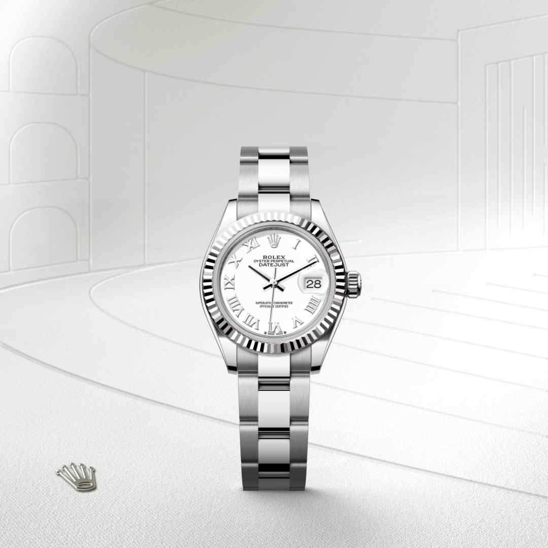 Rolex Lady-Datejust in White Rolesor with a white dial, fluted bezel, and Oyster bracelet.