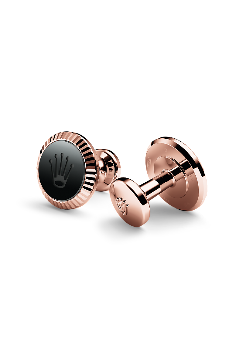 Rolex &lsquo;Fluted&rsquo; cufflinks in Everose gold and ceramic, RMC A1035 at Reeds Jewelers