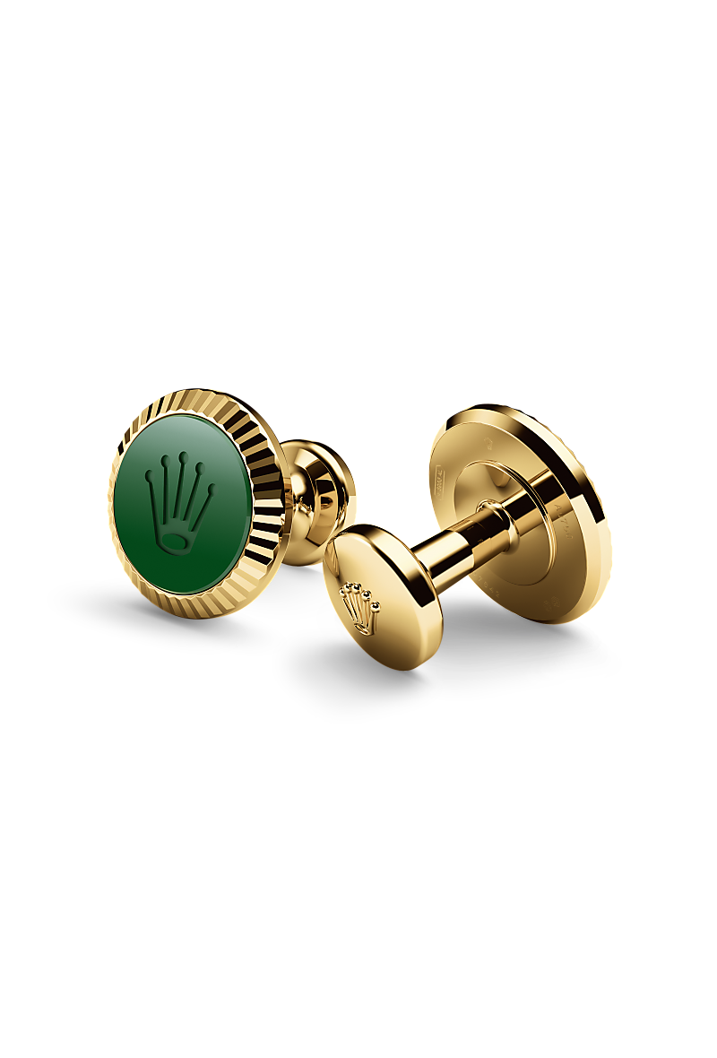 Rolex &lsquo;Fluted&rsquo; cufflinks in Yellow gold and ceramic, RMC A1038 at Reeds Jewelers
