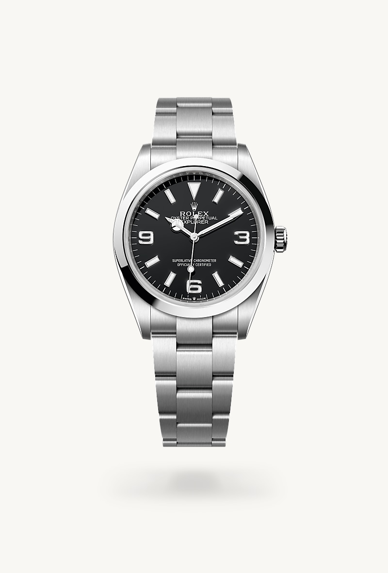 Rolex Explorer 36 in Oystersteel with a black dial, smooth bezel, and Oyster bracelet.