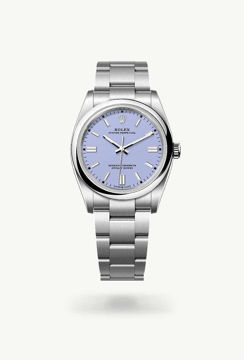 Rolex Oyster Perpetual 36 in Oystersteel with a lavender dial, domed bezel, and Oyster bracelet.
