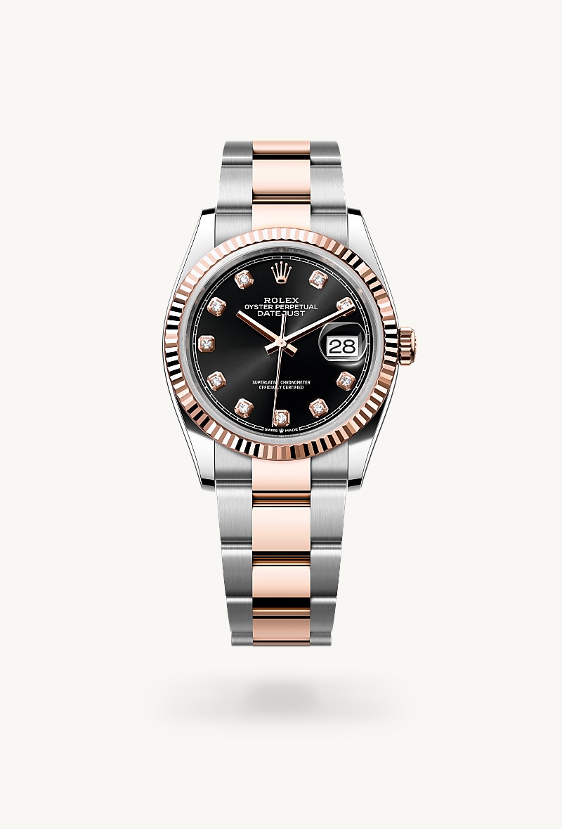 Rolex Datejust 36 in Everose Rolesor with a bright black set with diamonds dial, fluted bezel, and Oyster bracelet.