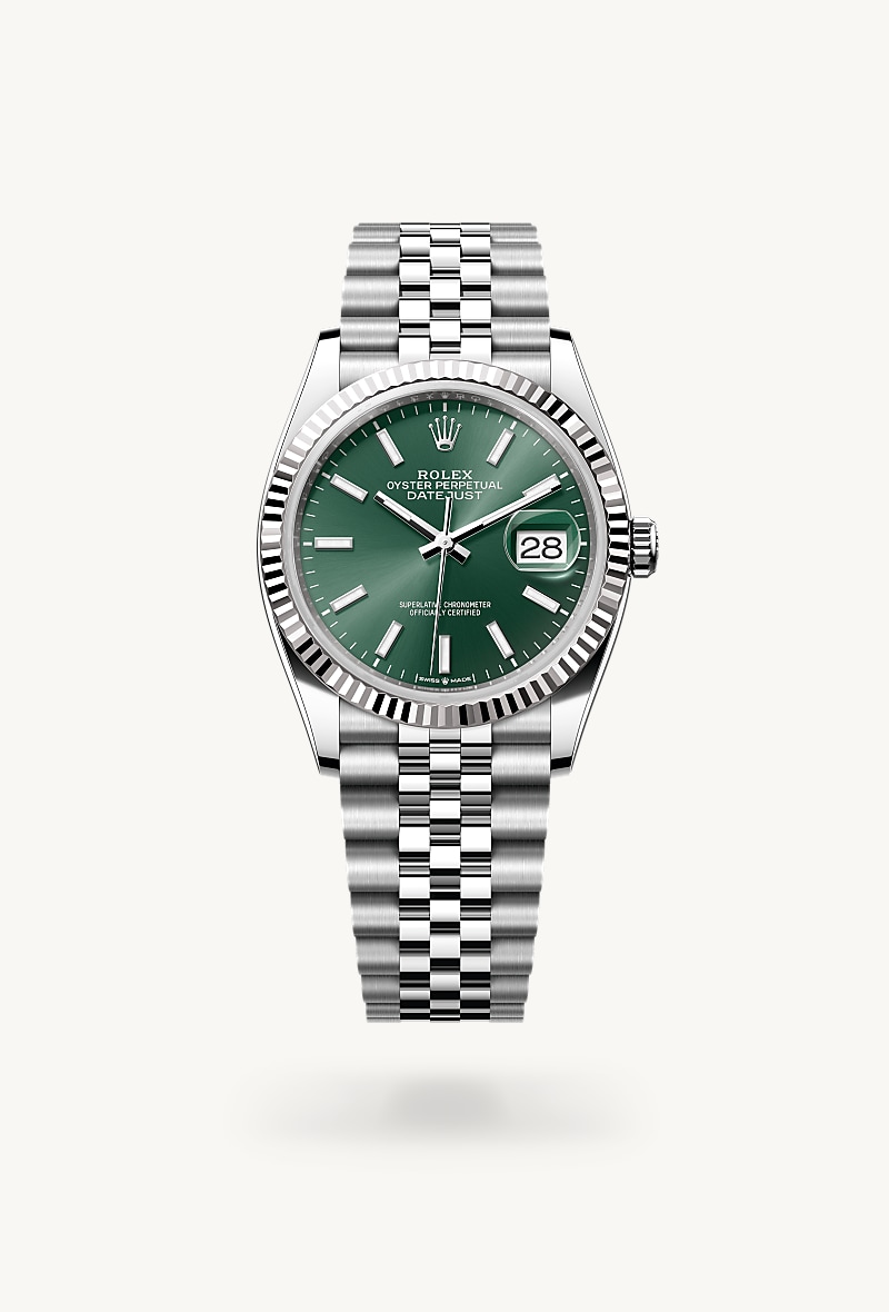 Rolex Datejust 36 in White Rolesor with a mint green dial, fluted bezel, and Jubilee bracelet.