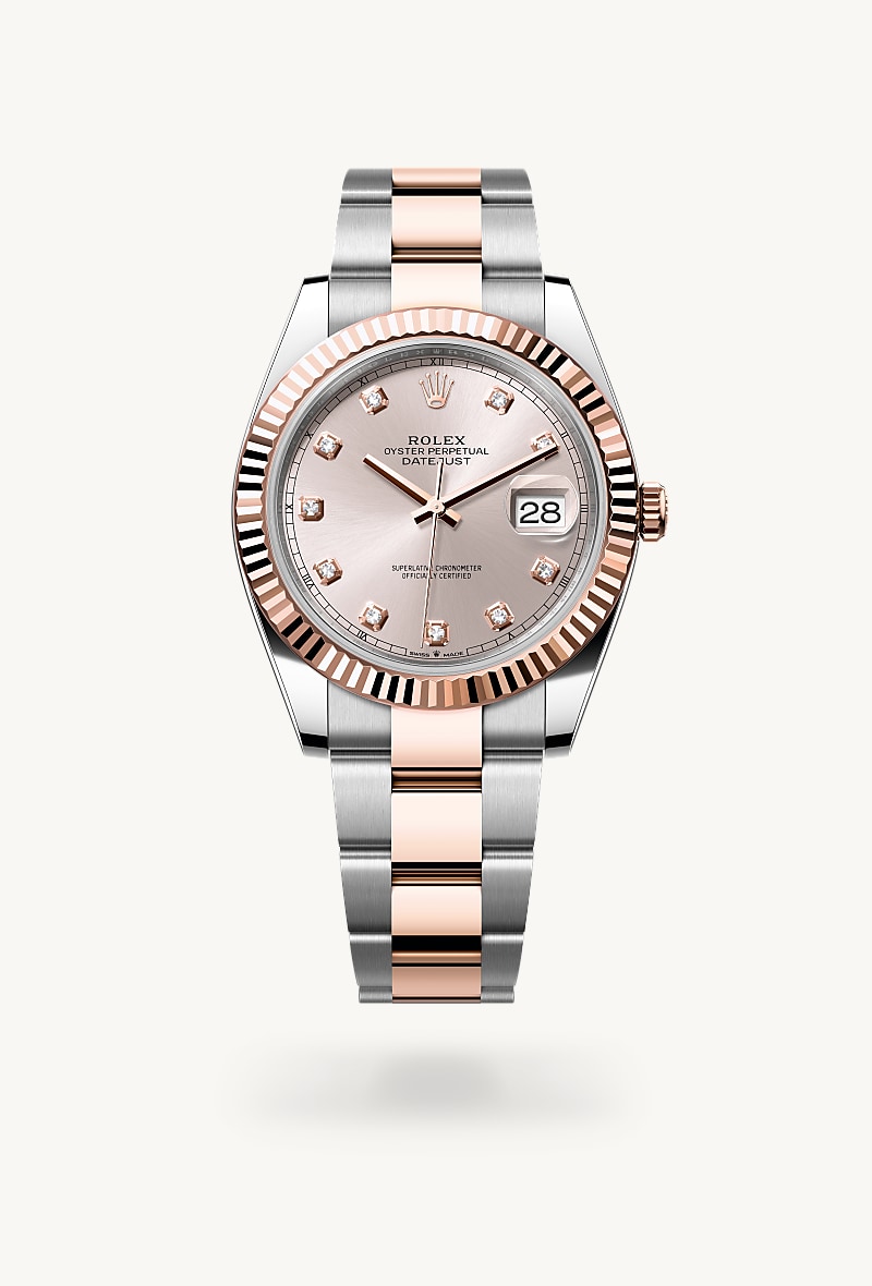 Rolex Datejust 41 in Everose Rolesor with a sundust set with diamonds dial, fluted bezel, and Oyster bracelet.
