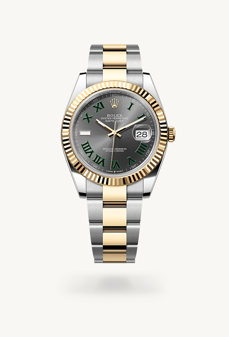 Rolex Datejust 41 in Yellow Rolesor with a slate dial, fluted bezel, and Oyster bracelet.