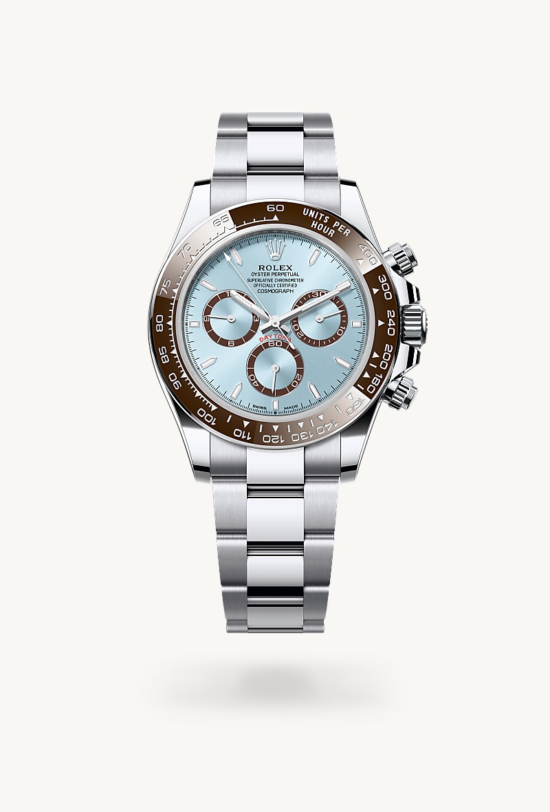 Rolex Cosmograph Daytona in Platinum with a ice blue, chestnut brown counter rings dial, chestnut brown monobloc cerachrom bezel in ceramic with moulded numerals and graduations bezel, and Oyster bracelet.