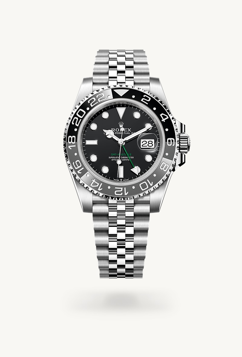 Rolex GMT-Master II in Oystersteel with a black dial, bidirectional rotatable 24-hour graduated bezel. two-colour grey and black cerachrom insert in ceramic, moulded numerals and graduations bezel, and Jubilee bracelet.