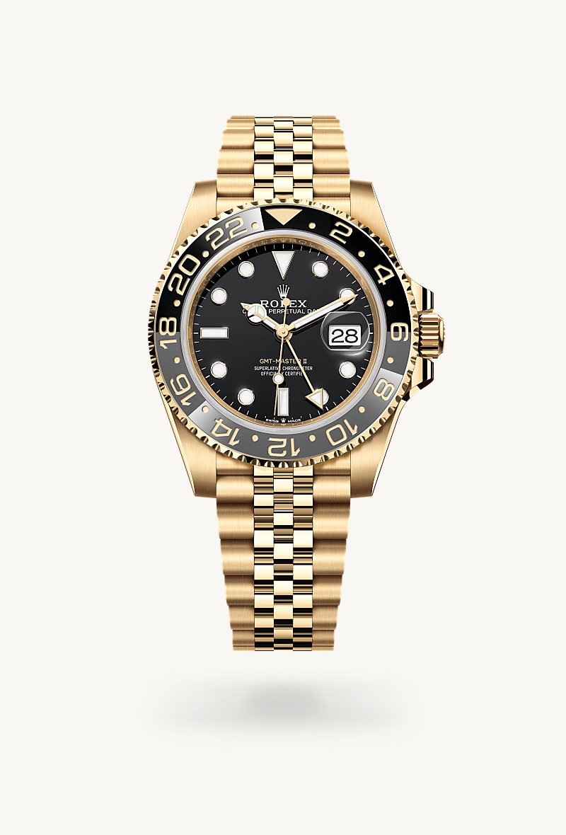 Rolex GMT-Master II in 18 kt yellow gold with a black dial, bidirectional rotatable 24-hour graduated bezel. two-colour grey and black cerachrom insert in ceramic, moulded numerals and graduations bezel, and Jubilee bracelet.