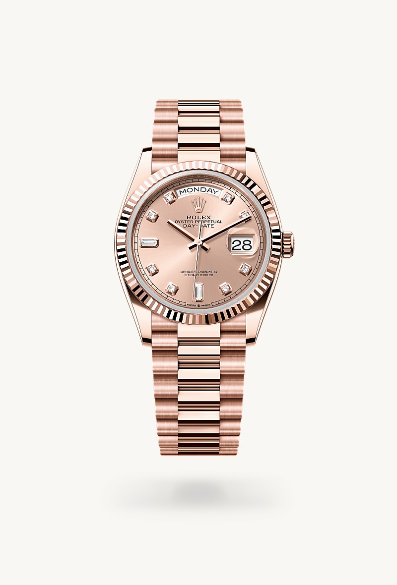 Rolex Day-Date 36 in 18 ct Everose gold with a rosé-colour set with diamonds dial, fluted bezel, and President bracelet.