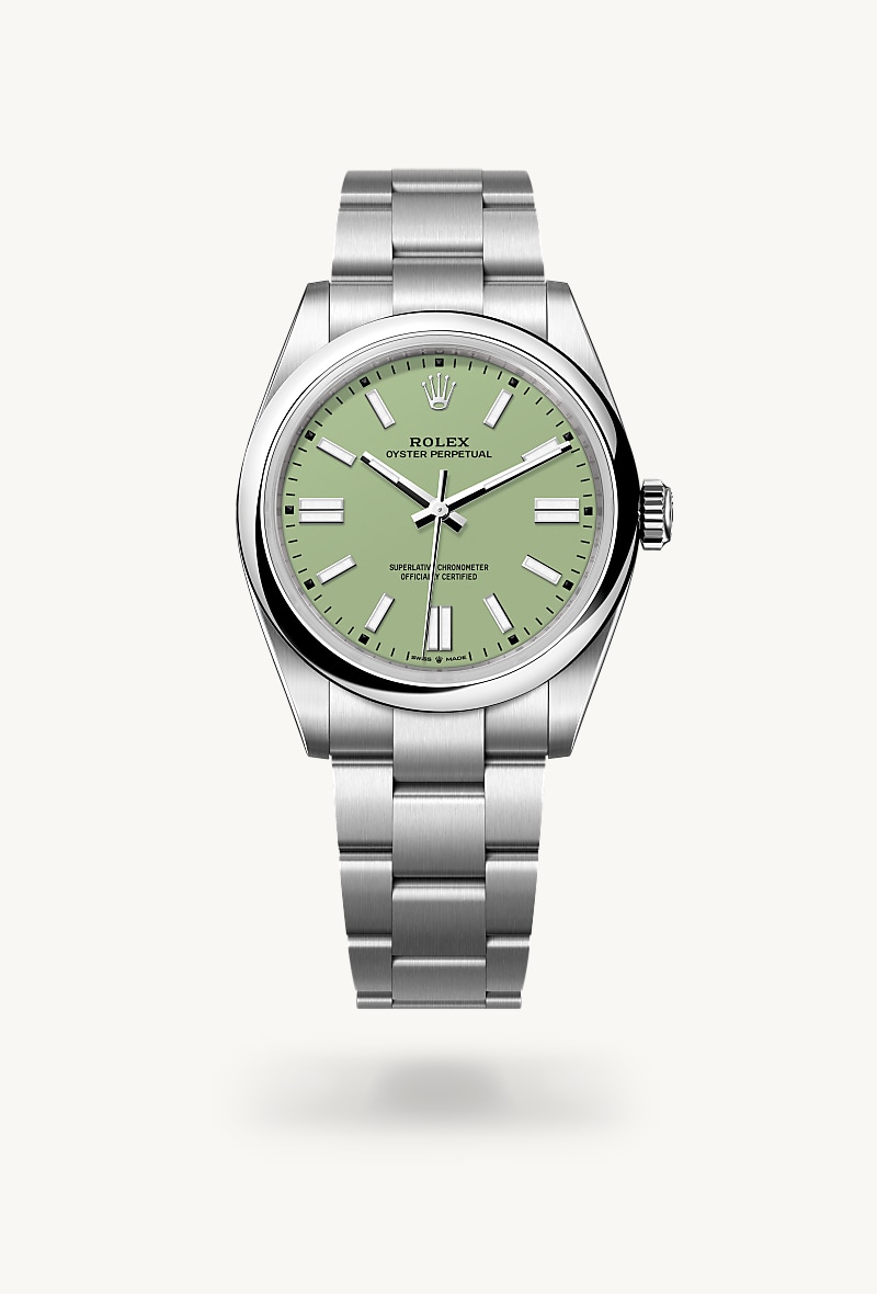 Rolex Oyster Perpetual 41 in Oystersteel with a pistachio dial, domed bezel, and Oyster bracelet.