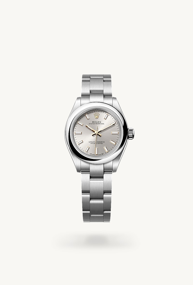 Rolex Oyster Perpetual 28 in Oystersteel with a silver dial, domed bezel, and Oyster bracelet.