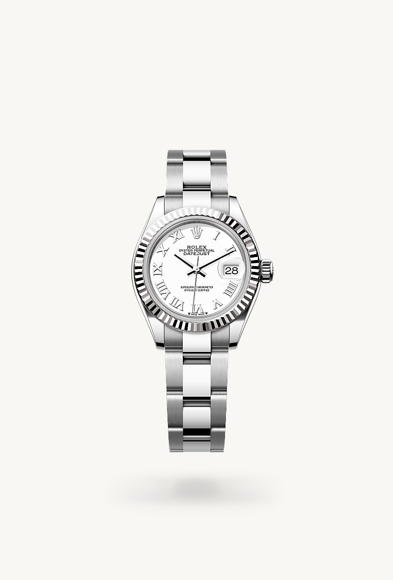 Rolex Lady-Datejust in White Rolesor with a white dial, fluted bezel, and Oyster bracelet.