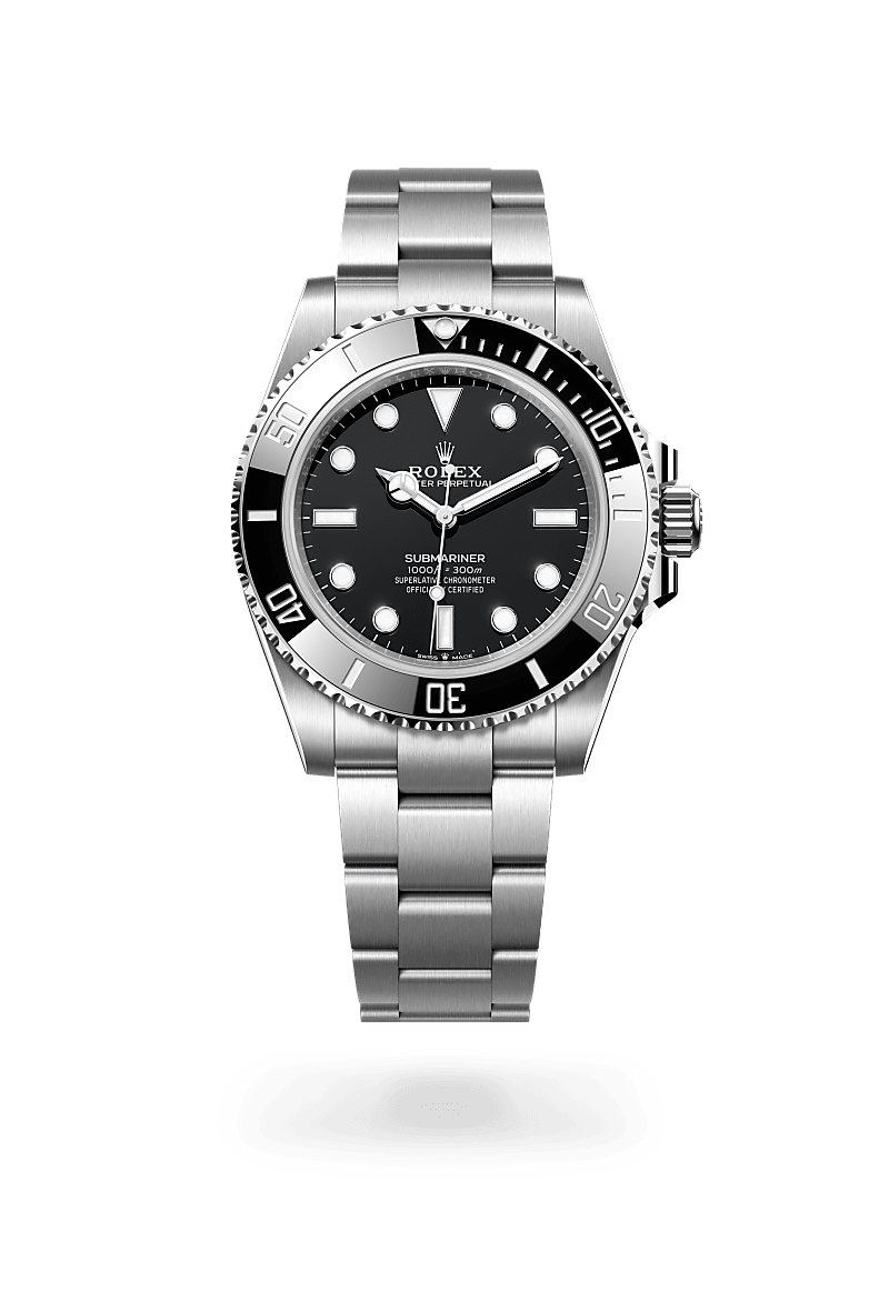 Rolex Submariner in Oystersteel with a black dial, unidirectional rotatable 60-minute graduated, scratch-resistant cerachrom insert in black ceramic, numerals and graduations coated in platinum bezel, and Oyster bracelet.