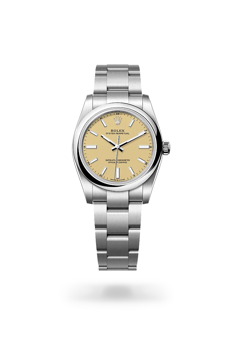 Rolex Oyster Perpetual 34 in Oystersteel with a beige dial, domed bezel, and Oyster bracelet.