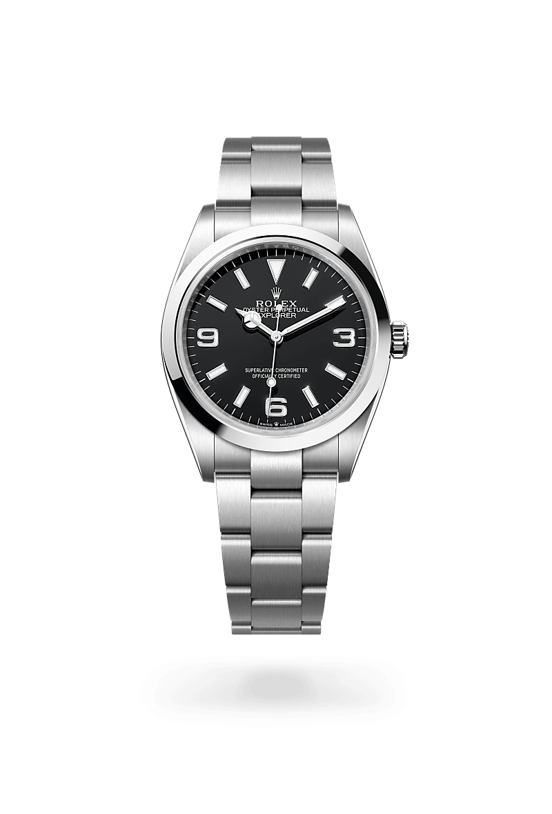 Rolex Explorer 36 in Oystersteel with a black dial, smooth bezel, and Oyster bracelet.
