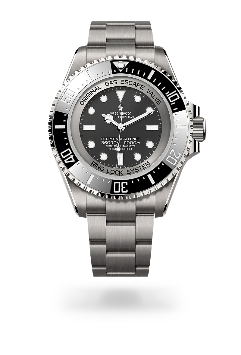 Rolex Deepsea Challenge in RLX titanium with a intense black dial, unidirectional rotatable 60-minute graduated, scratch-resistant cerachrom insert in ceramic, numerals and graduations coated in platinum bezel, and Oyster bracelet.