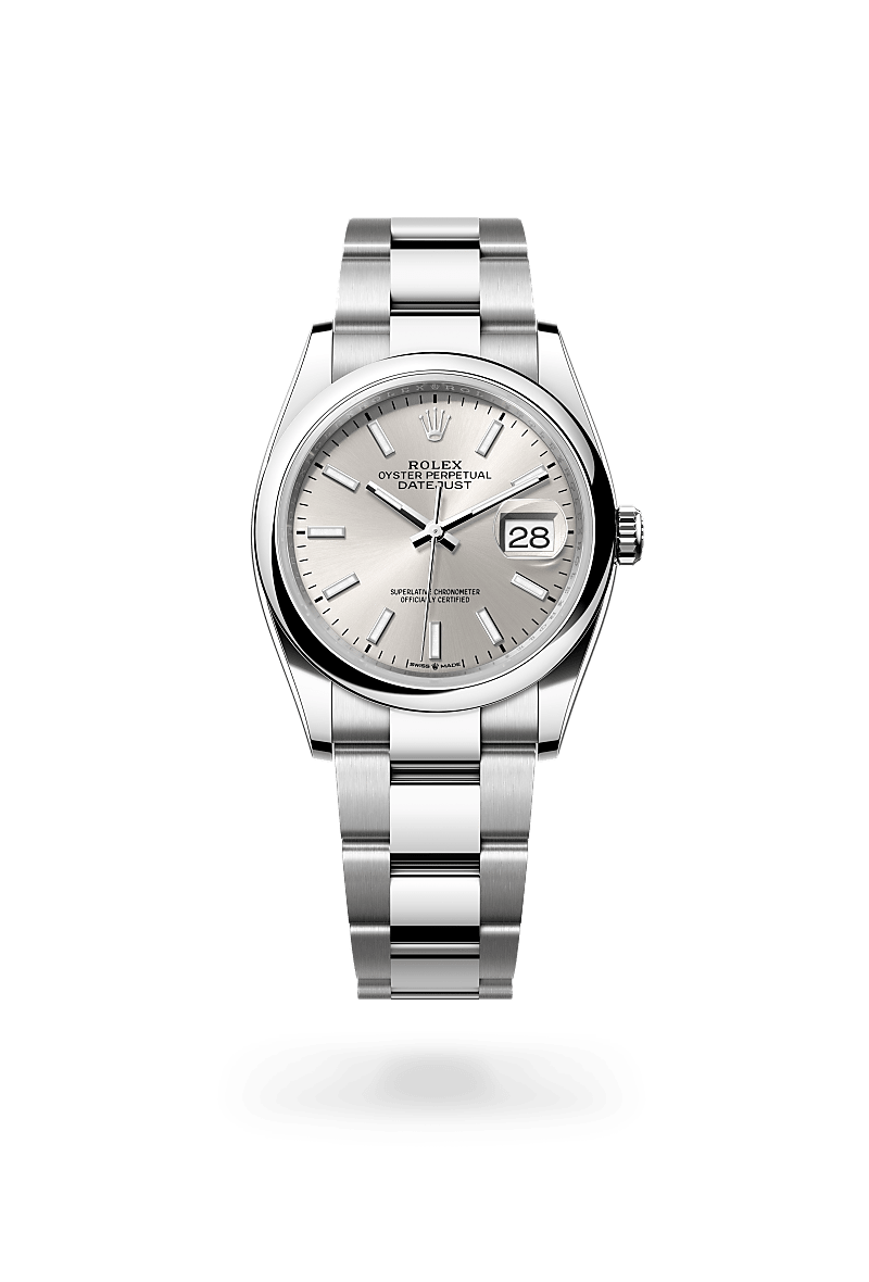 Rolex Datejust 36 in Oystersteel with a silver dial, domed bezel, and Oyster bracelet.