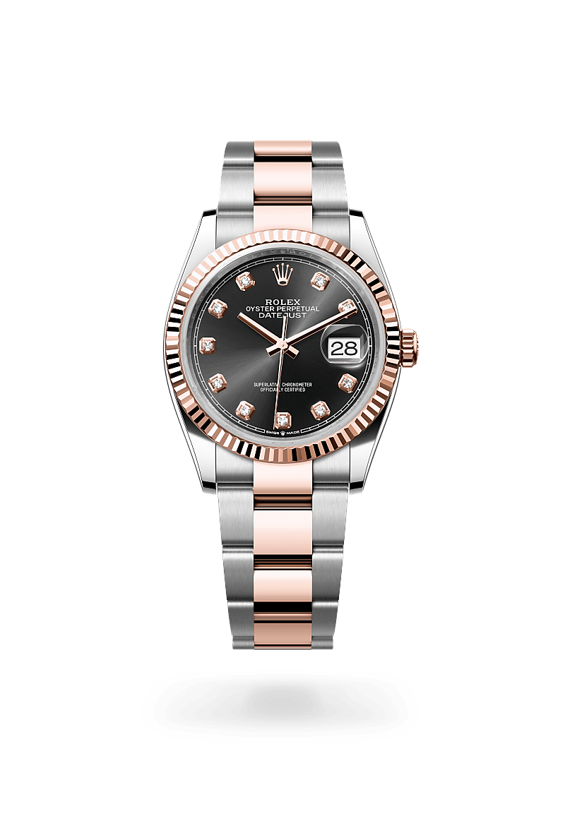 Rolex Datejust 36 in Everose Rolesor with a bright black set with diamonds dial, fluted bezel, and Oyster bracelet.
